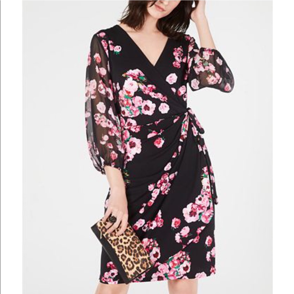 Black and pink floral Wrap Dress